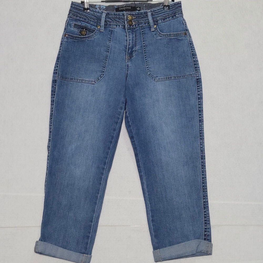 ONE5ONE Womens Medium Wash Cropped Utility Jeans Blue Size 6 MC21380ZSM